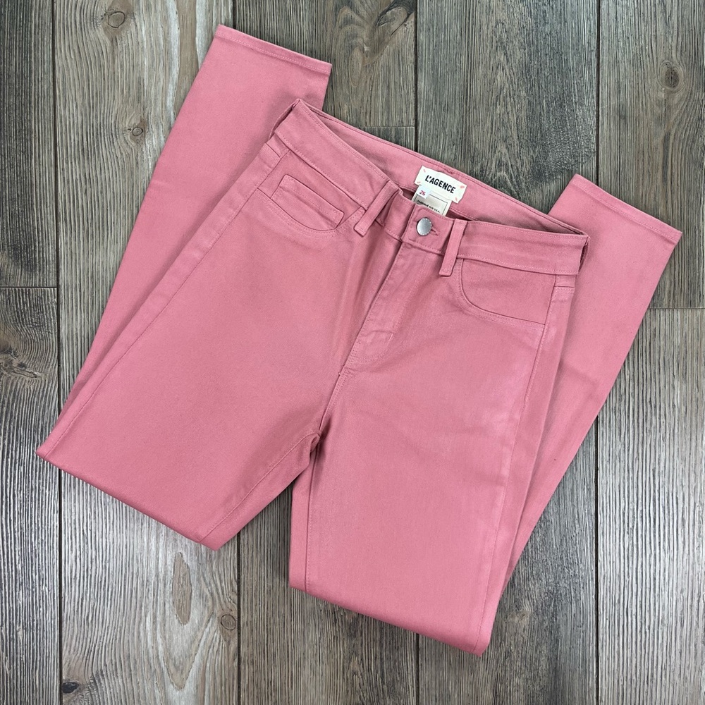 SOLD! L’AGENCE Margot High Rise Skinny Jeans Coated Dusty Rose - Picture 8 of 15